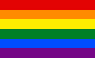 A rectangular flag with six equal-width horizontal stripes: red, orange, yellow, green, blue and purple