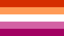 A rectangular flag with five equal-width horizontal stripes: orangy red, orange, white, light magenta, dark magenta